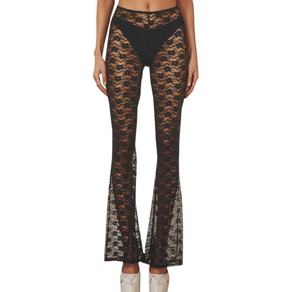 4615 Black Floral Lace Bell Bottom See Through Elastic Hollow Out Sheer